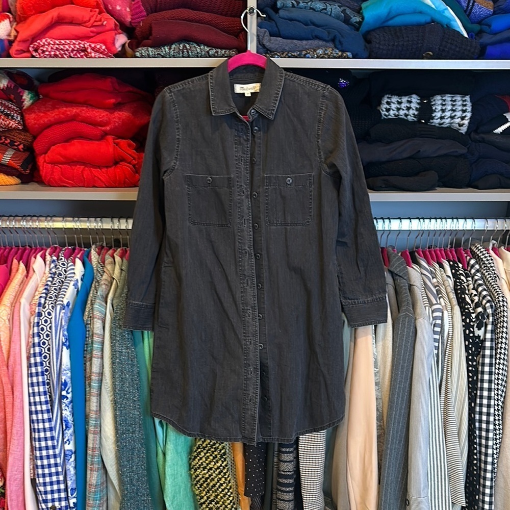 Madewell dark gray long sleeve button down pleated back shirt dress size XS